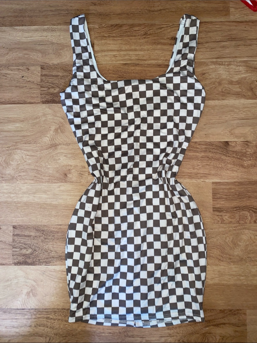 Fashion Nova Checkerboard Scoop-Neck Mini Dress in Brown and White